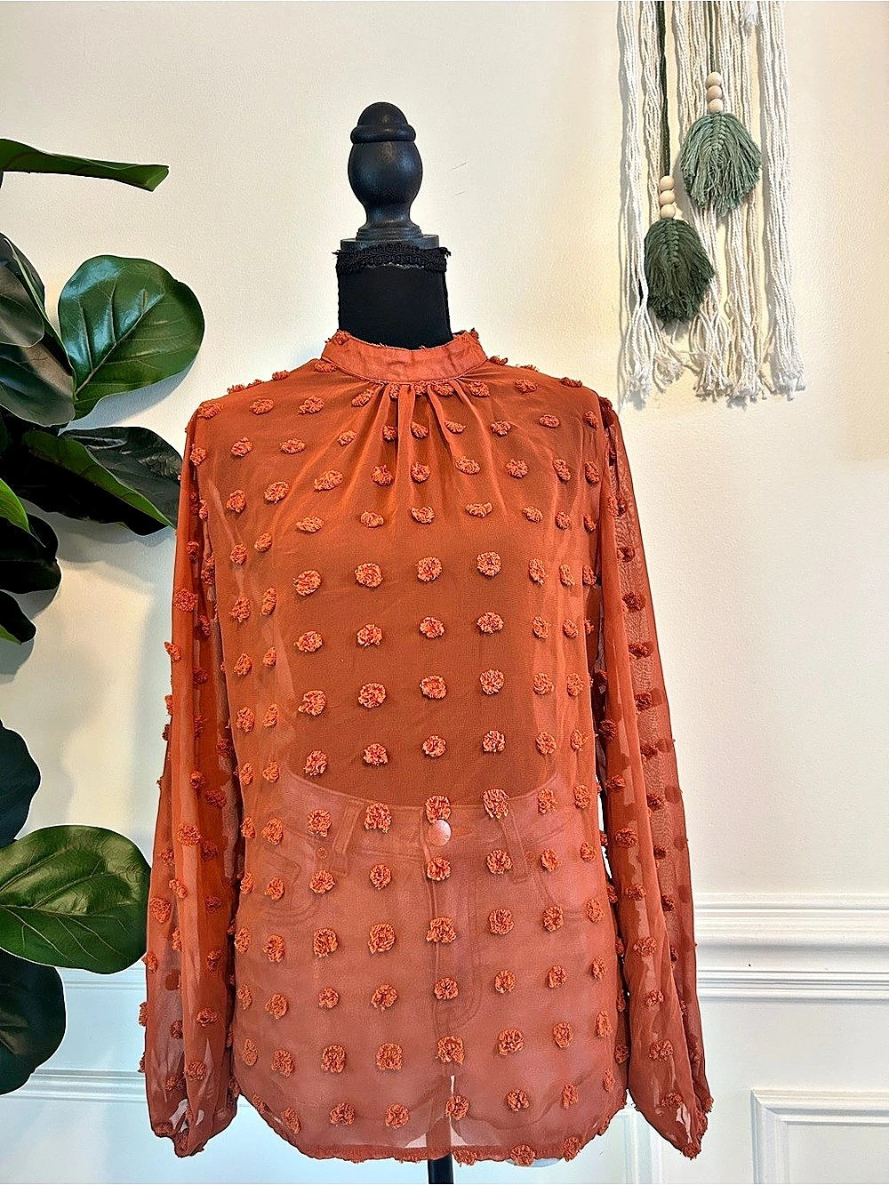 Swiss Dot Mock Neck Lantern Sleeve Blouse